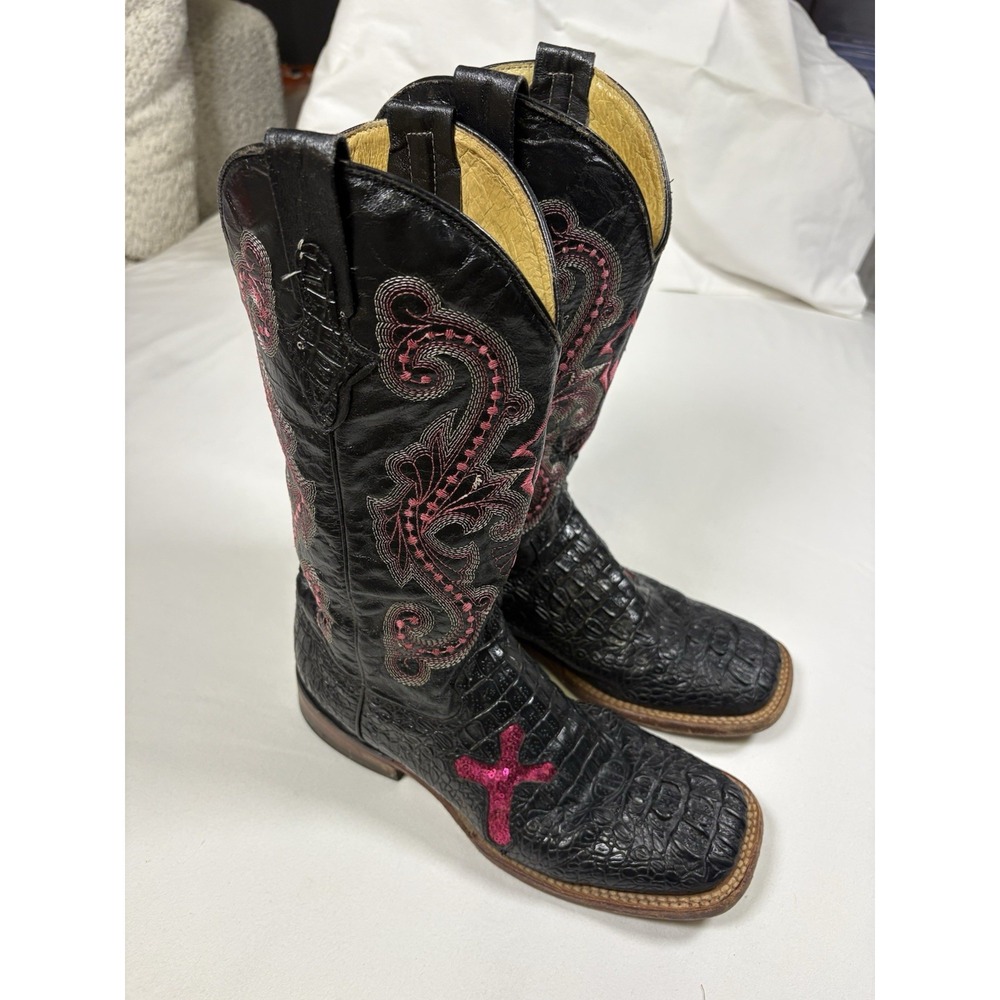 Ferrini Women's Cowgirl Boots Size 8 B Black Pink Cross Sequins Alligator Print